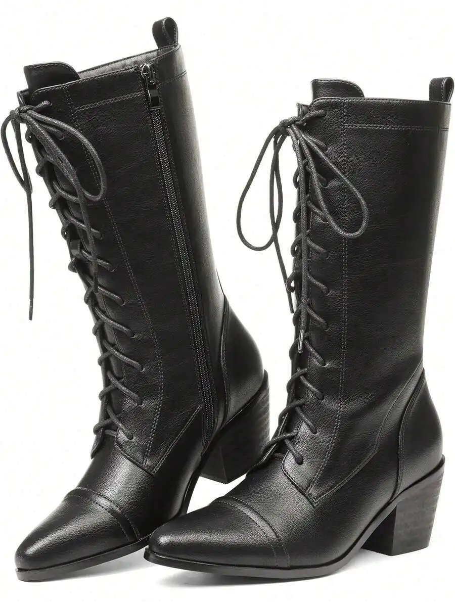 Womens Black Leather Mid Calf  - Vintage Zipper ulasan dan harga