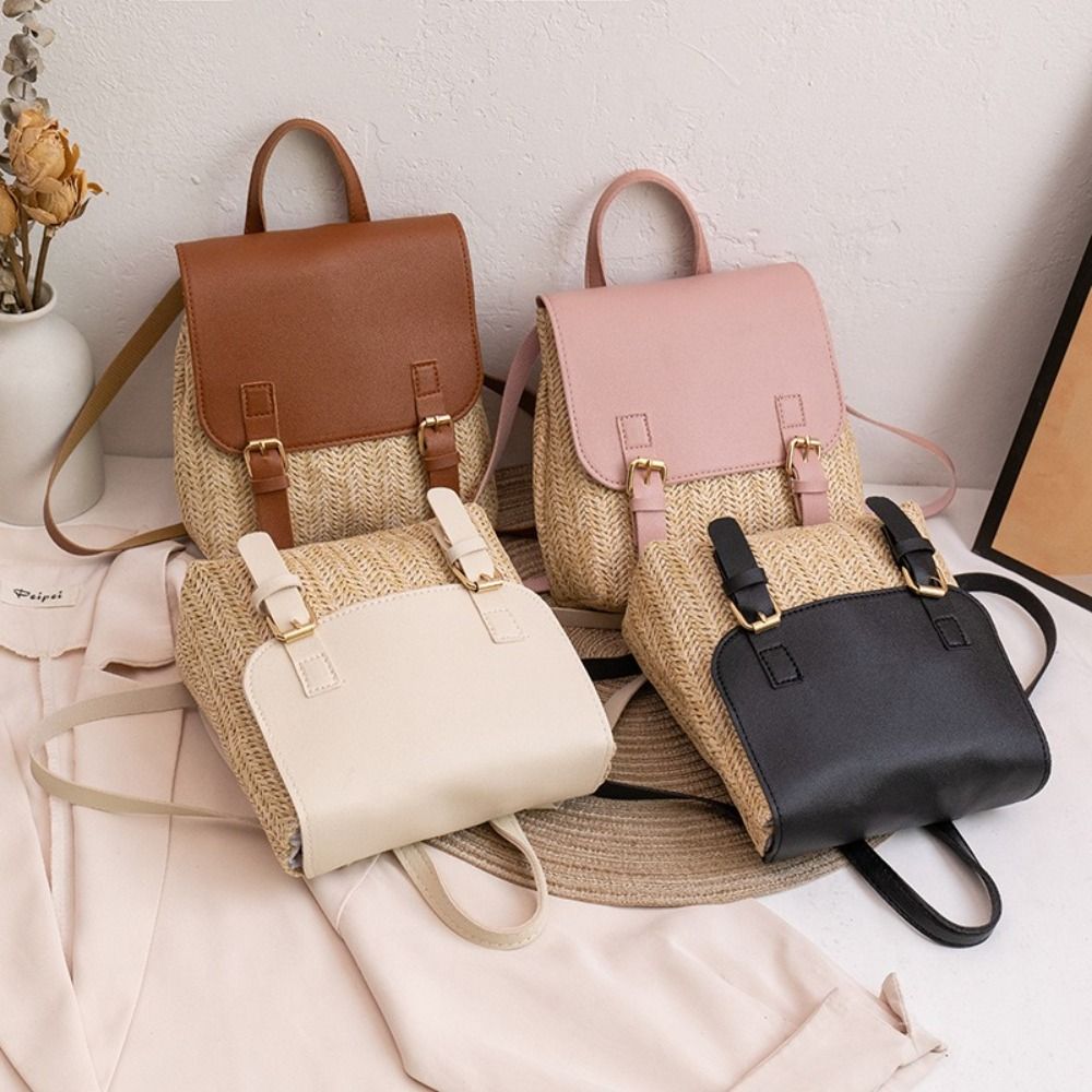Fashion PU Leather Straw Backp - Vintage Fashion Look ulasan dan harga